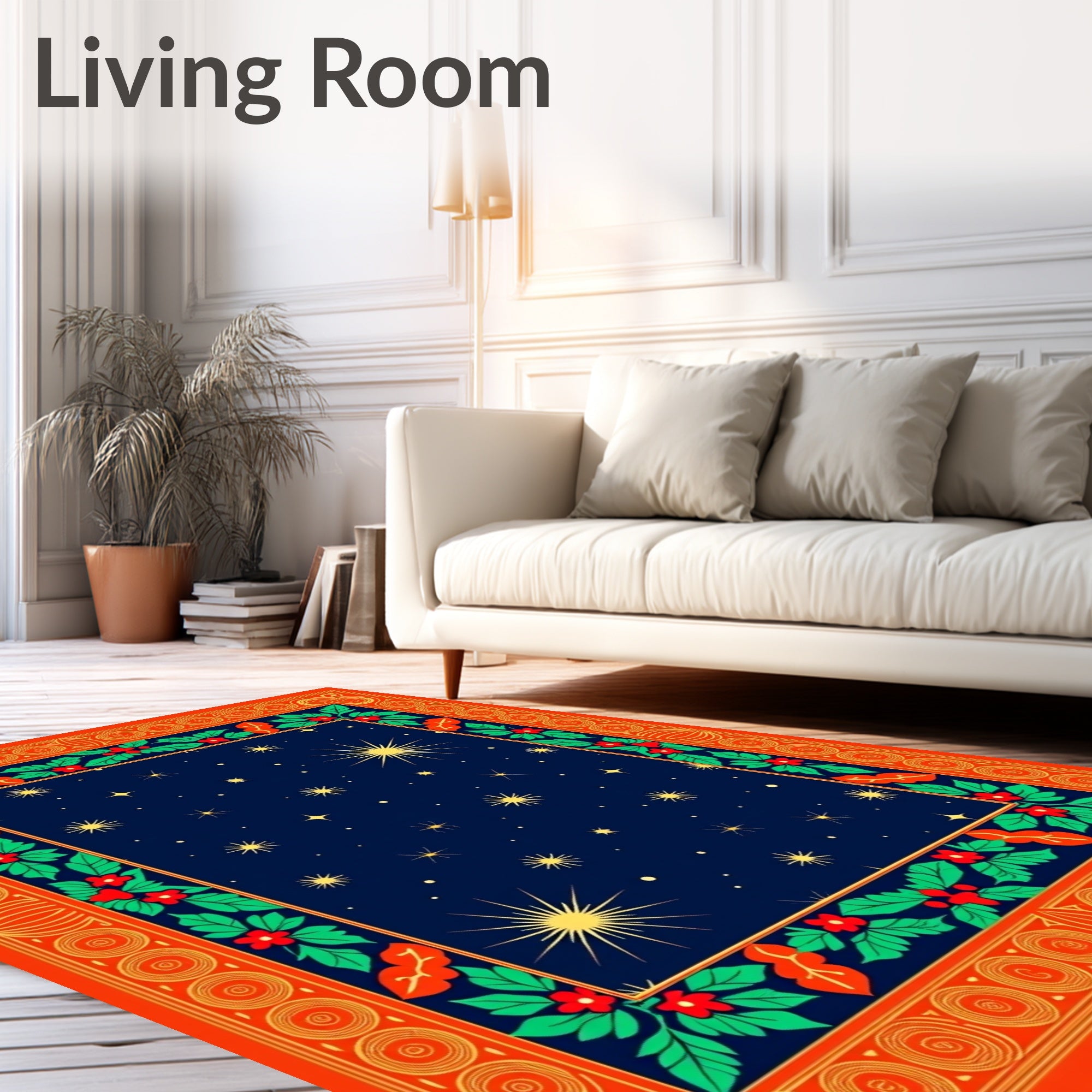 Ornate Red Gold Holly Starry Night Rug