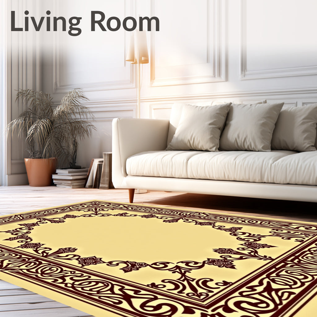Maroon Floral Bordered Cream Frame Rug