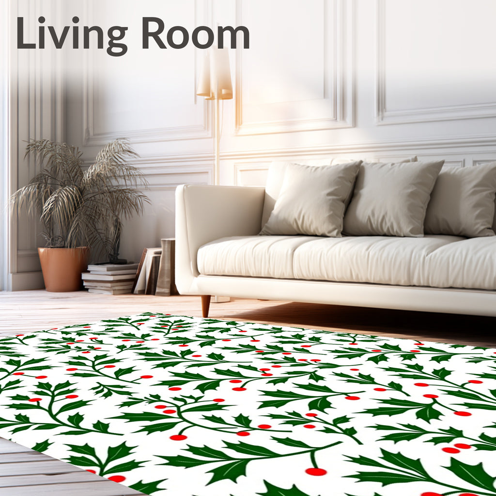 Green Holly Red Berry Branches Rug