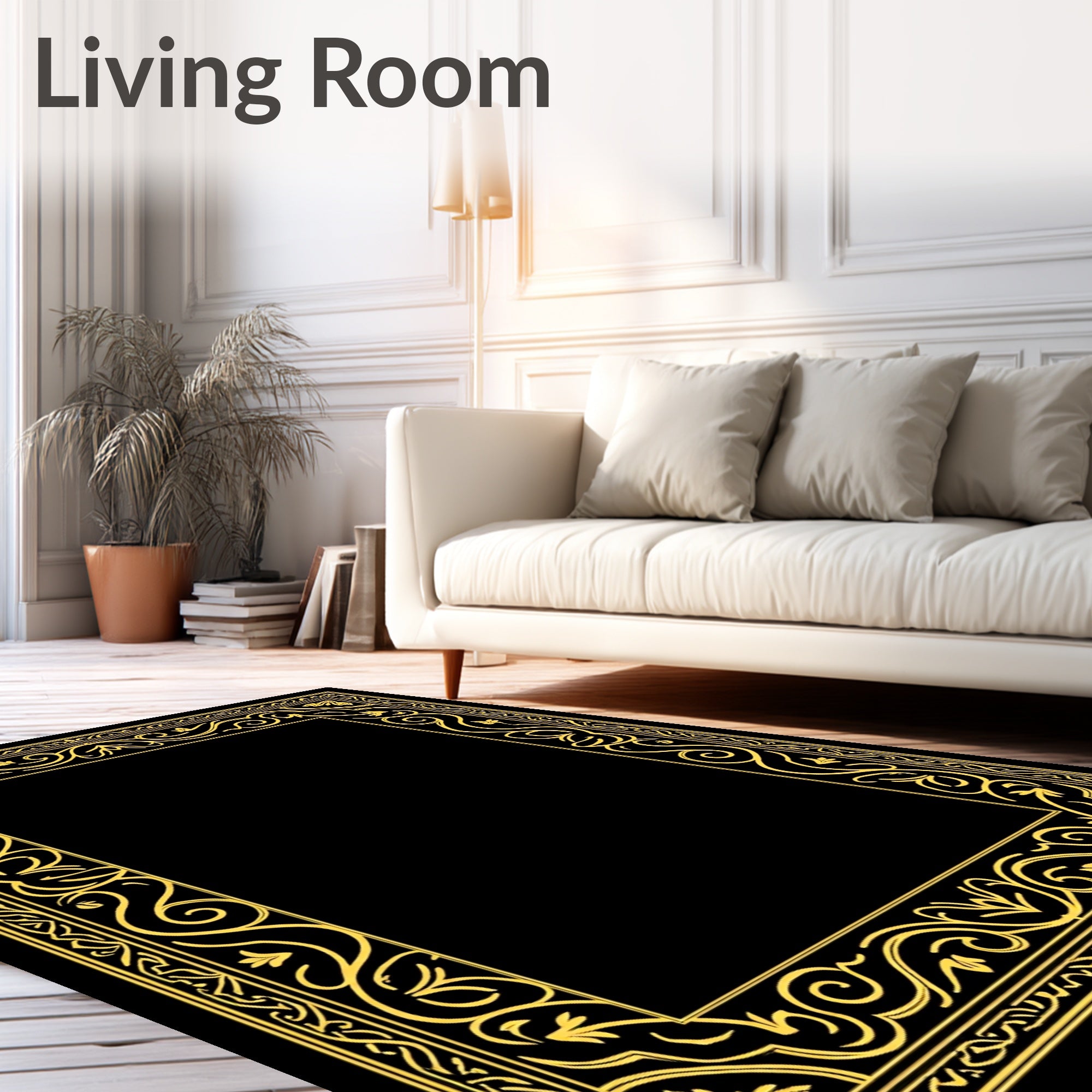 Golden Scrollwork Floral Border Rug