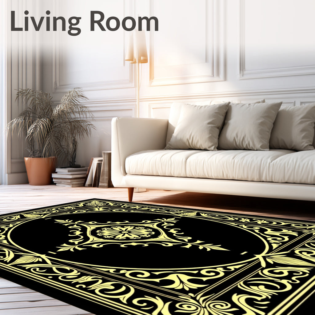 Golden Floral Scroll Medallion Black Rug