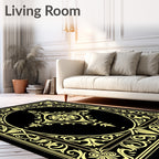 Golden Floral Scroll Medallion Black Rug