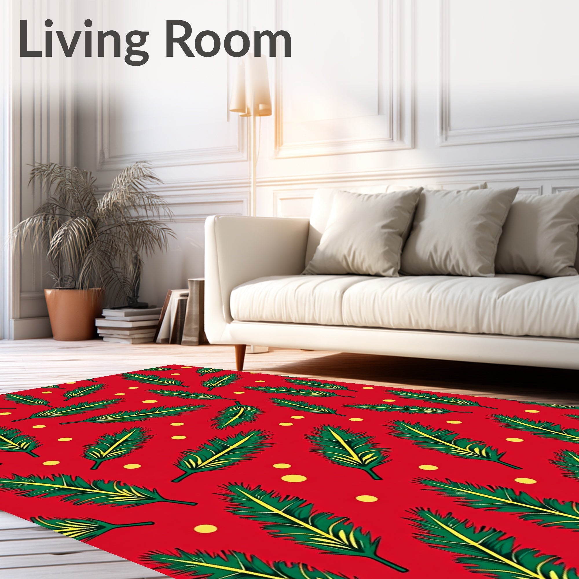 Vibrant Red Green Feather Scatter Rug