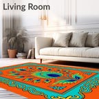 Vibrant Orange Teal Peacock Feather Medallion Rug