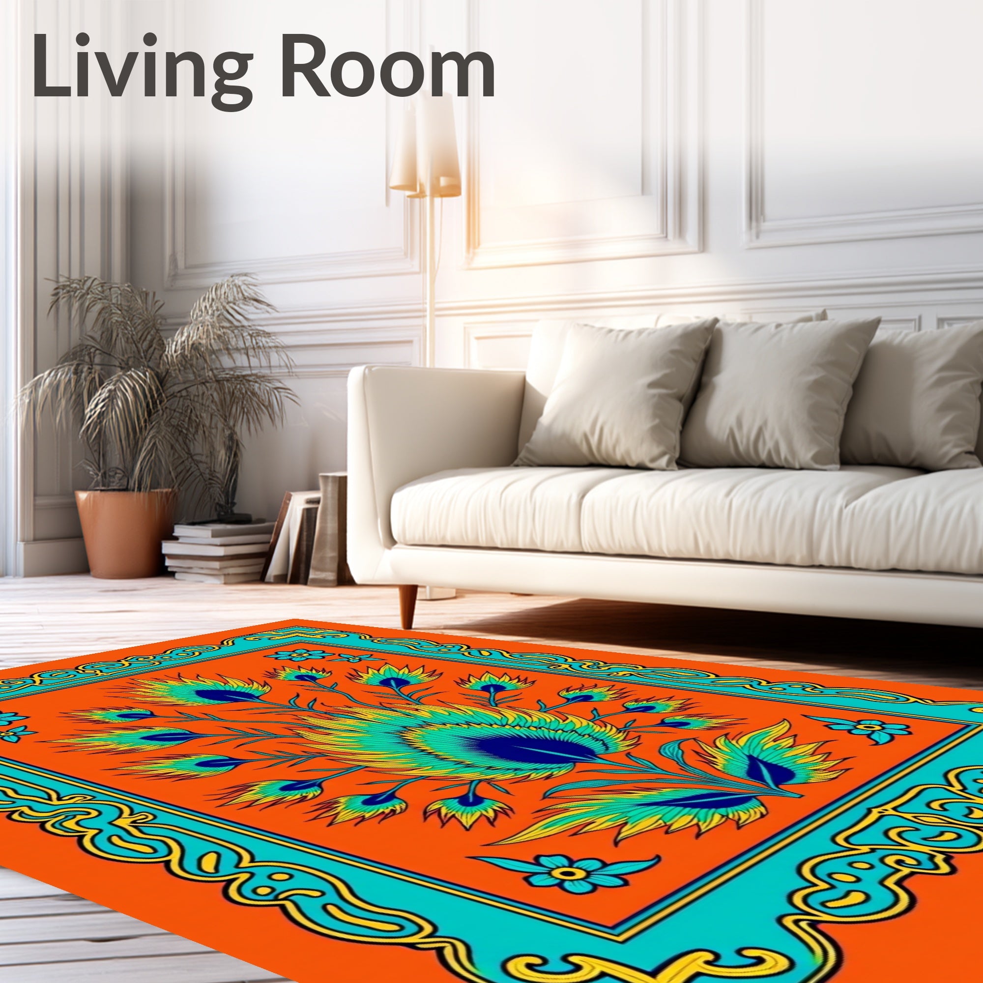 Vibrant Orange Teal Peacock Feather Medallion Rug