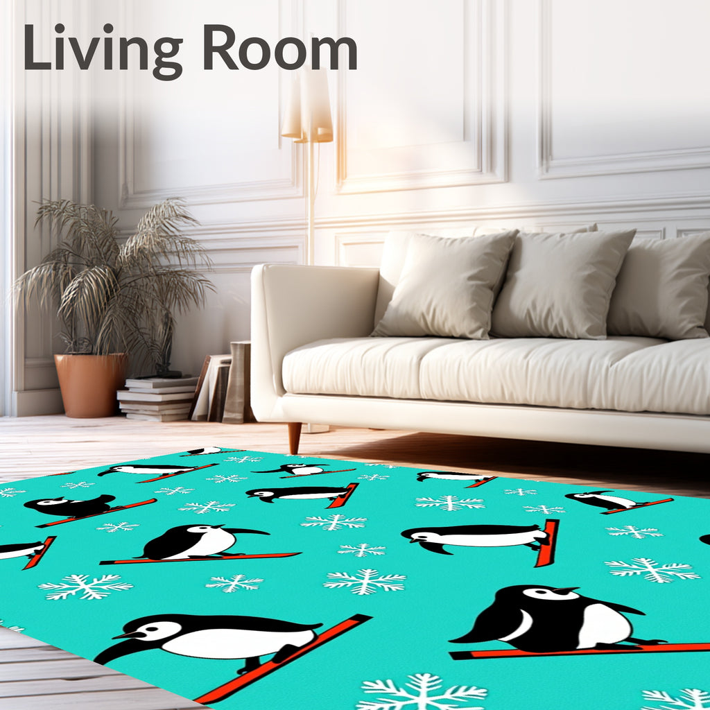 Playful Penguins Skiing Snowflake Turquoise Rug