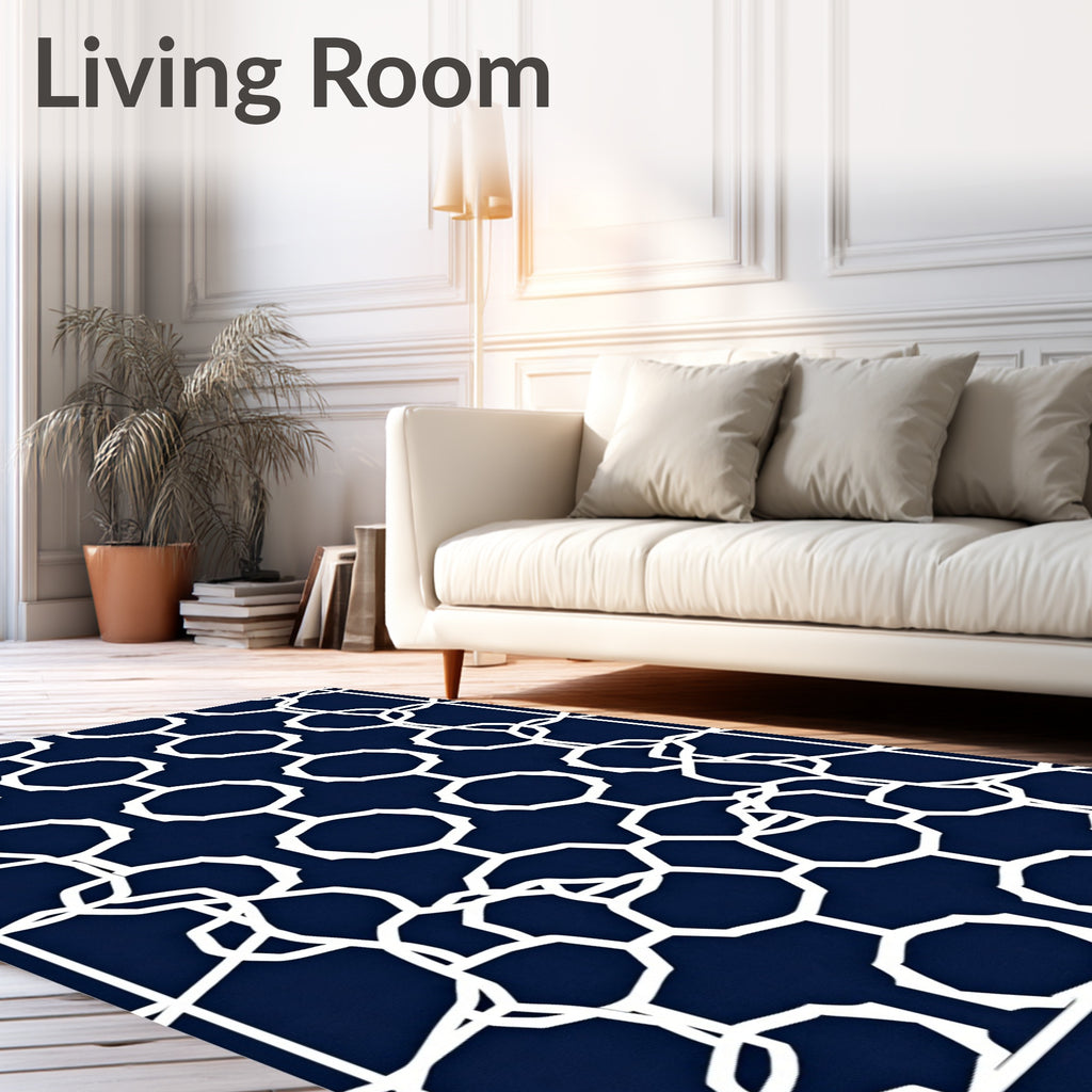 Navy Blue White Interlocking Geometric Links Rug