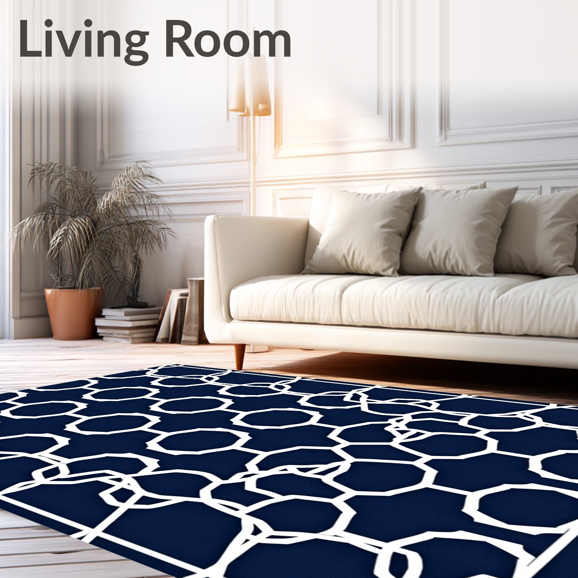 Navy Blue White Interlocking Geometric Links Rug