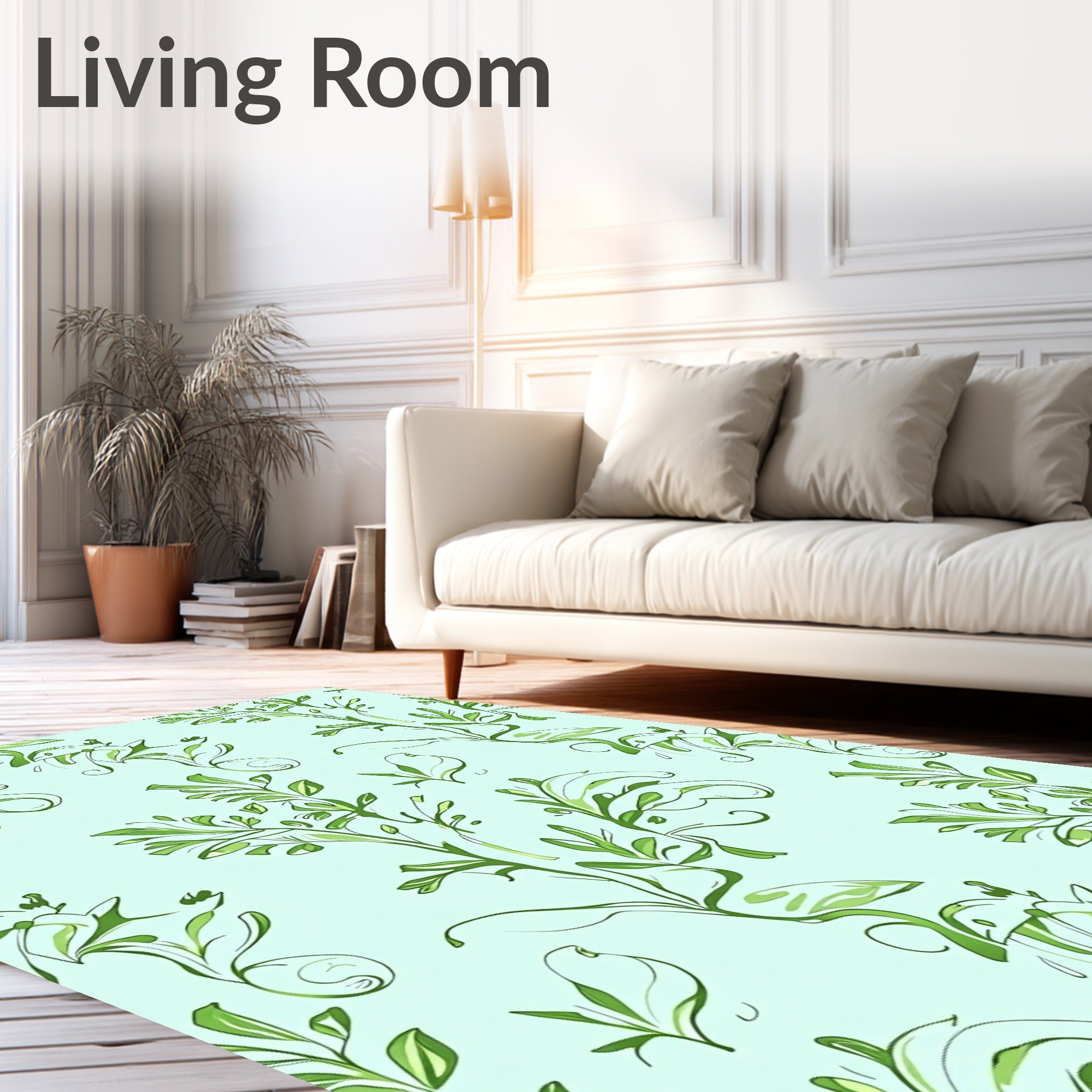 Soft Green Leafy Vine Swirl Rug
