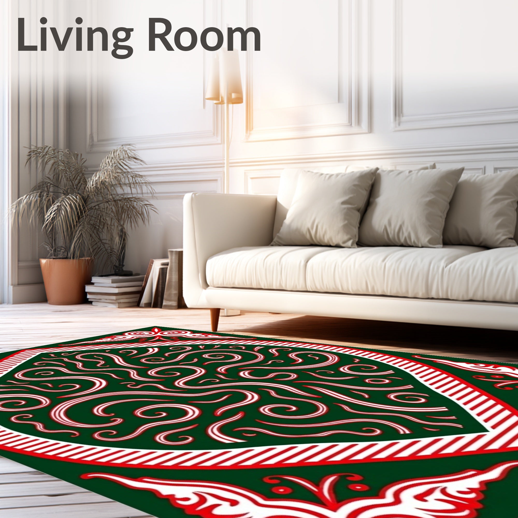 Emerald Red White Swirling Scrollwork Rug