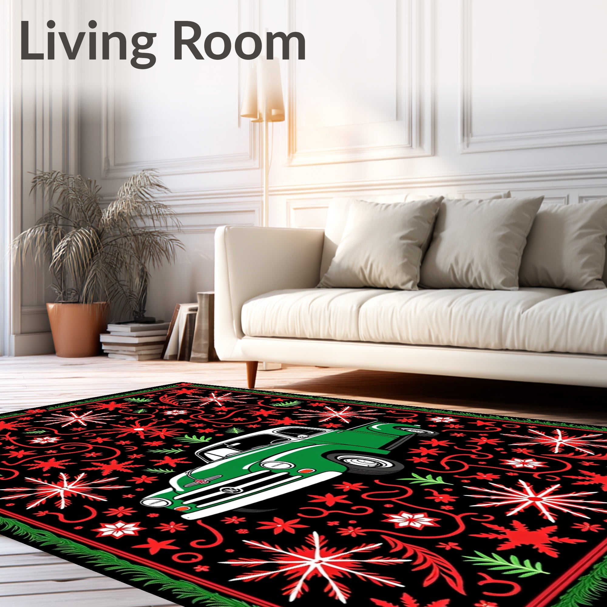 Vintage Green Truck Snowflakes Border Rug
