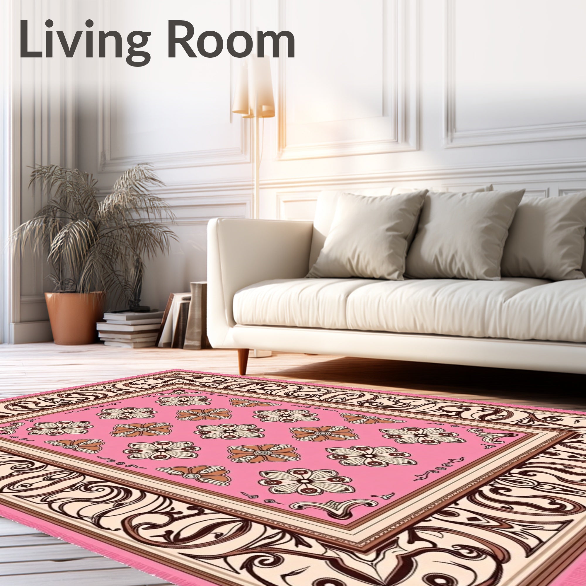 Pink Floral Medallion Frame Rug