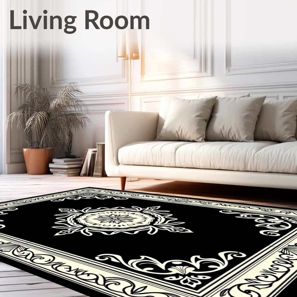 Monochrome Elegant Floral Medallion Border Rug