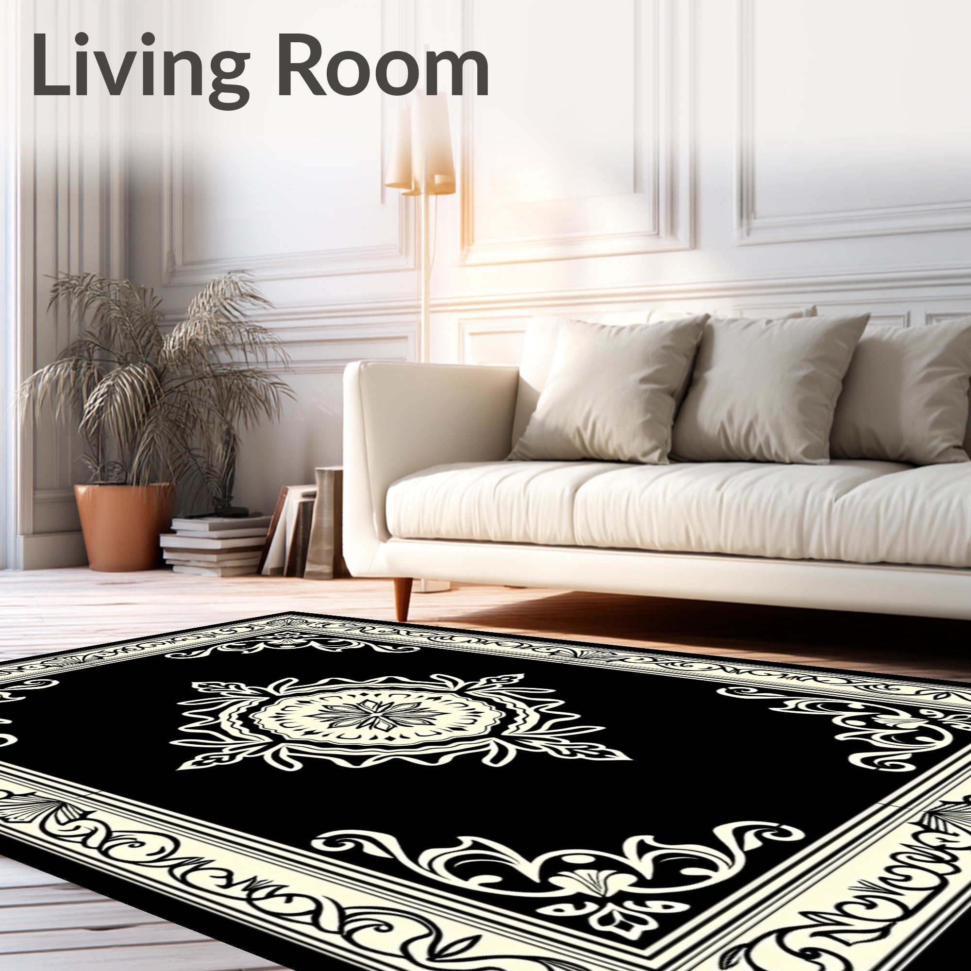 Monochrome Elegant Floral Medallion Border Rug
