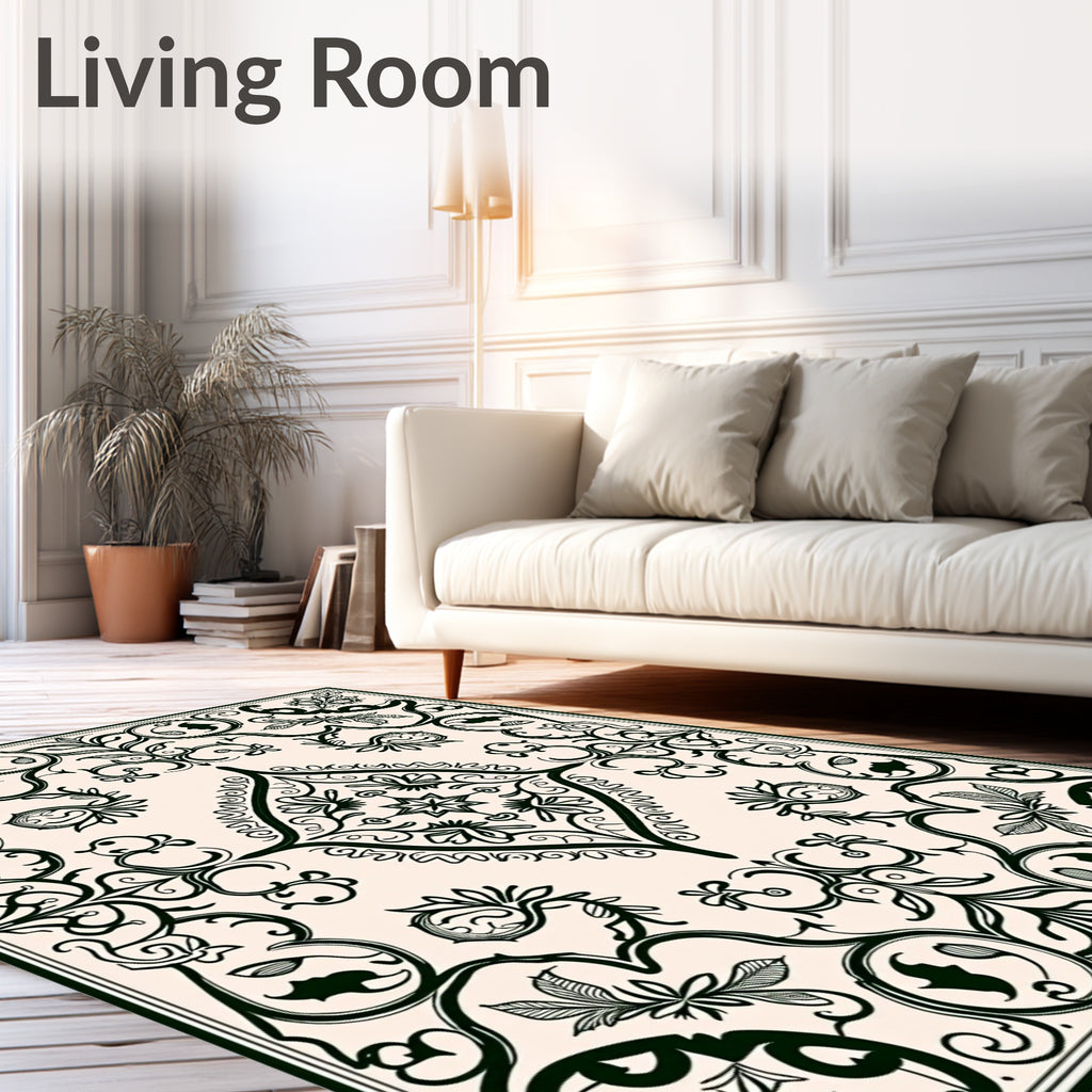 Ornate Dark Green Floral Scroll Rug