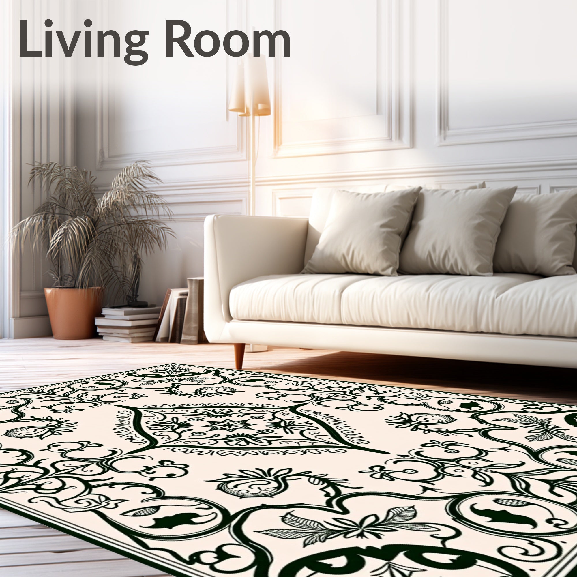 Ornate Dark Green Floral Scroll Rug