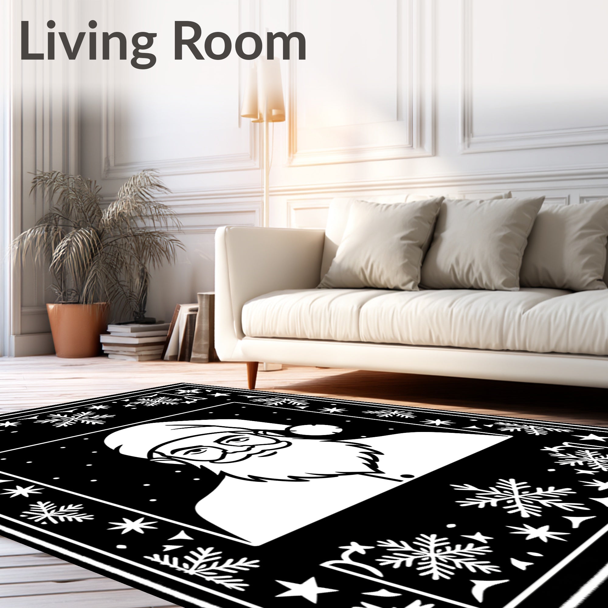 Classic Black White Santa Snowflake Frame Rug