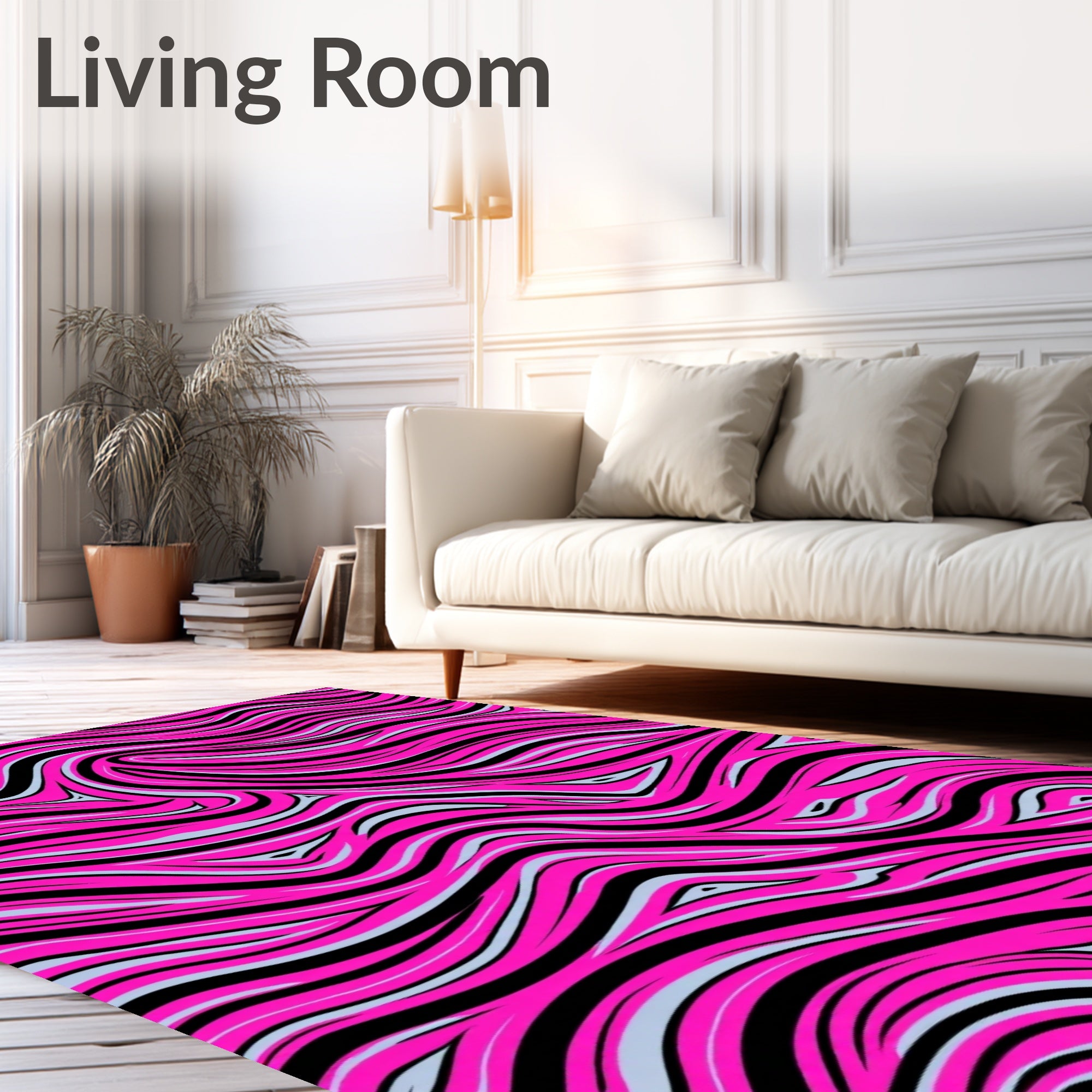 Vibrant Pink Black Swirl Stripes Rug