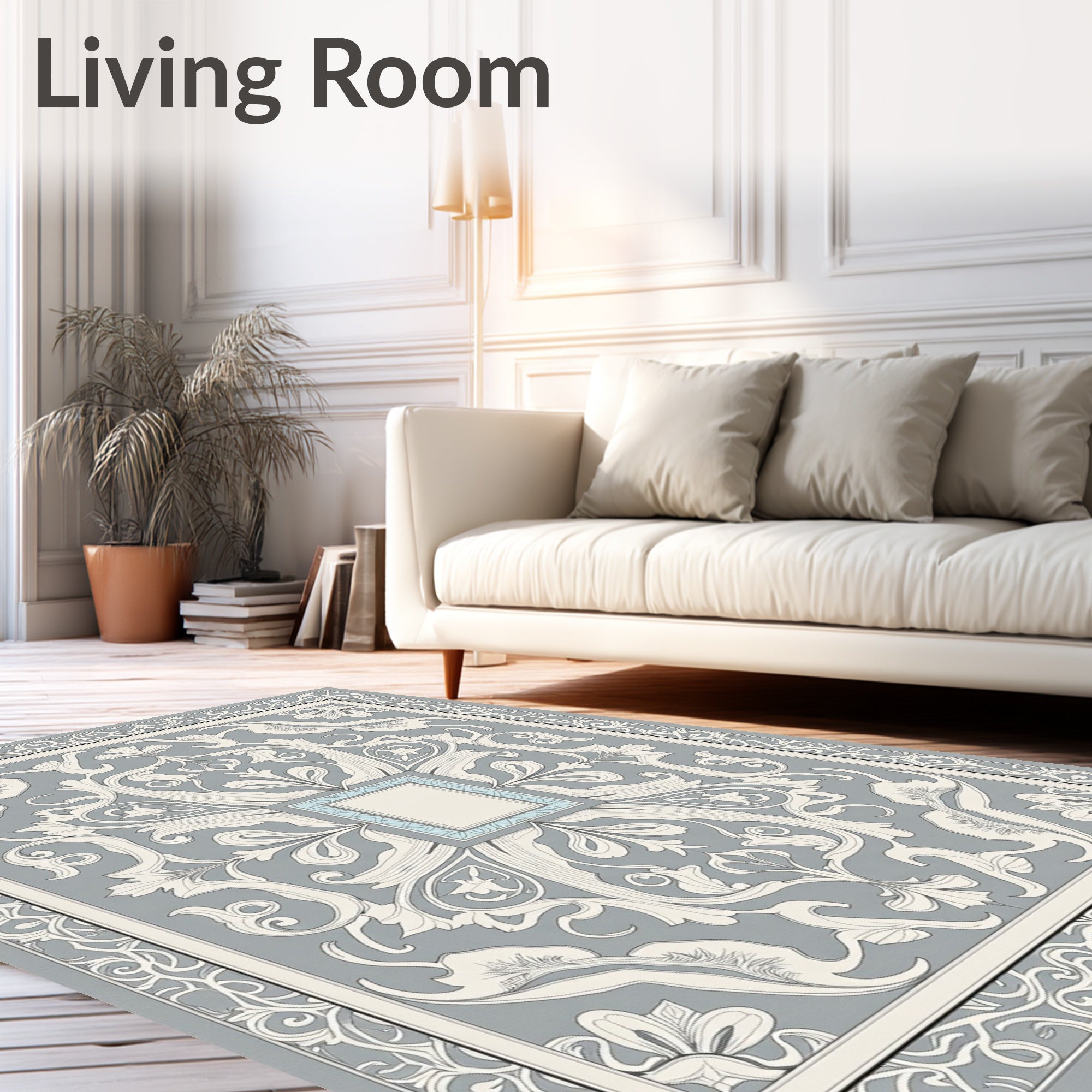 Elegant Gray Floral Scroll Artwork Rug