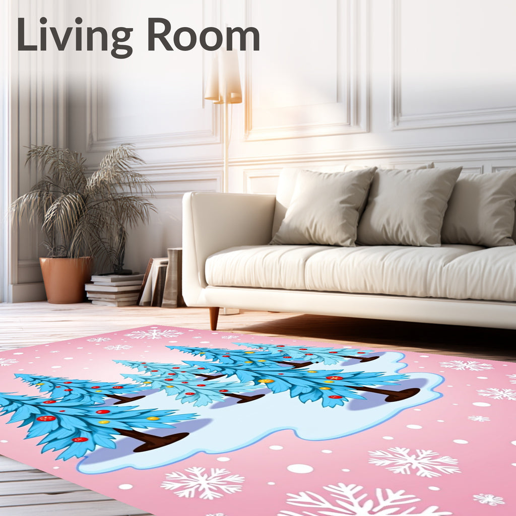 Whimsical Blue Christmas Trees Snowflakes Rug