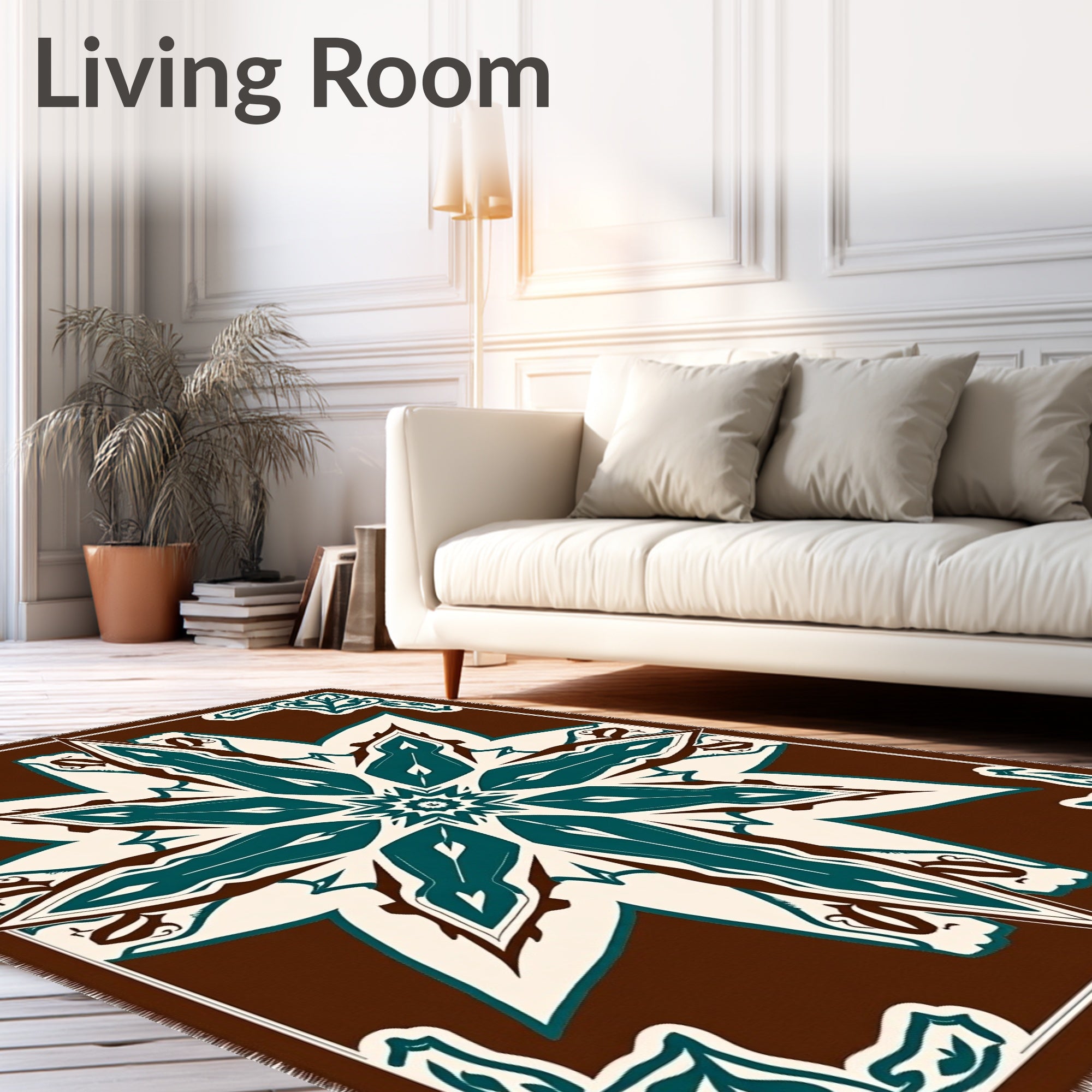 Dark Brown Teal Floral Medallion Rug