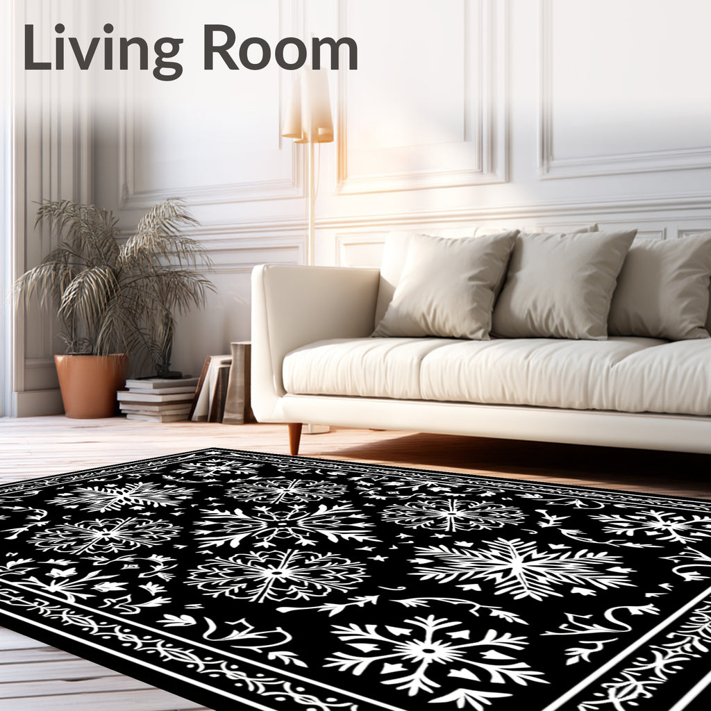 Black White Snowflake Mandala Border Rug
