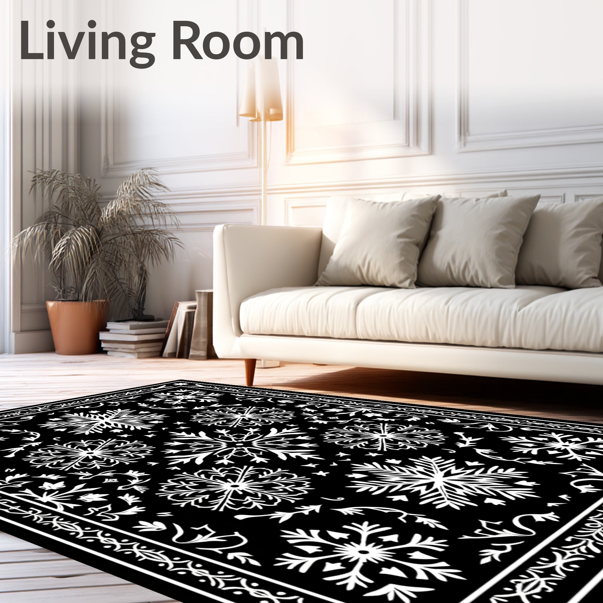Black White Snowflake Mandala Border Rug