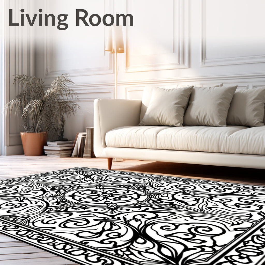 Intricate Black White Floral Medallion Art Rug
