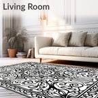 Intricate Black White Floral Medallion Art Rug