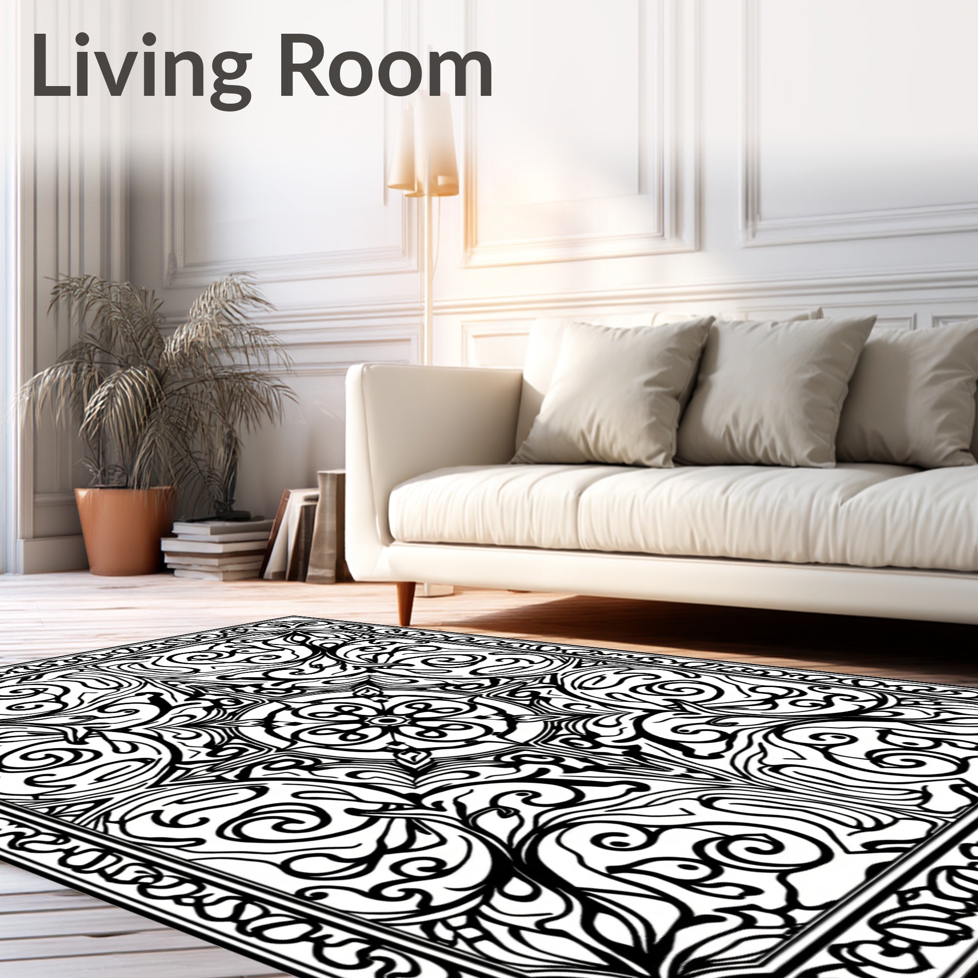 Intricate Black White Floral Medallion Art Rug