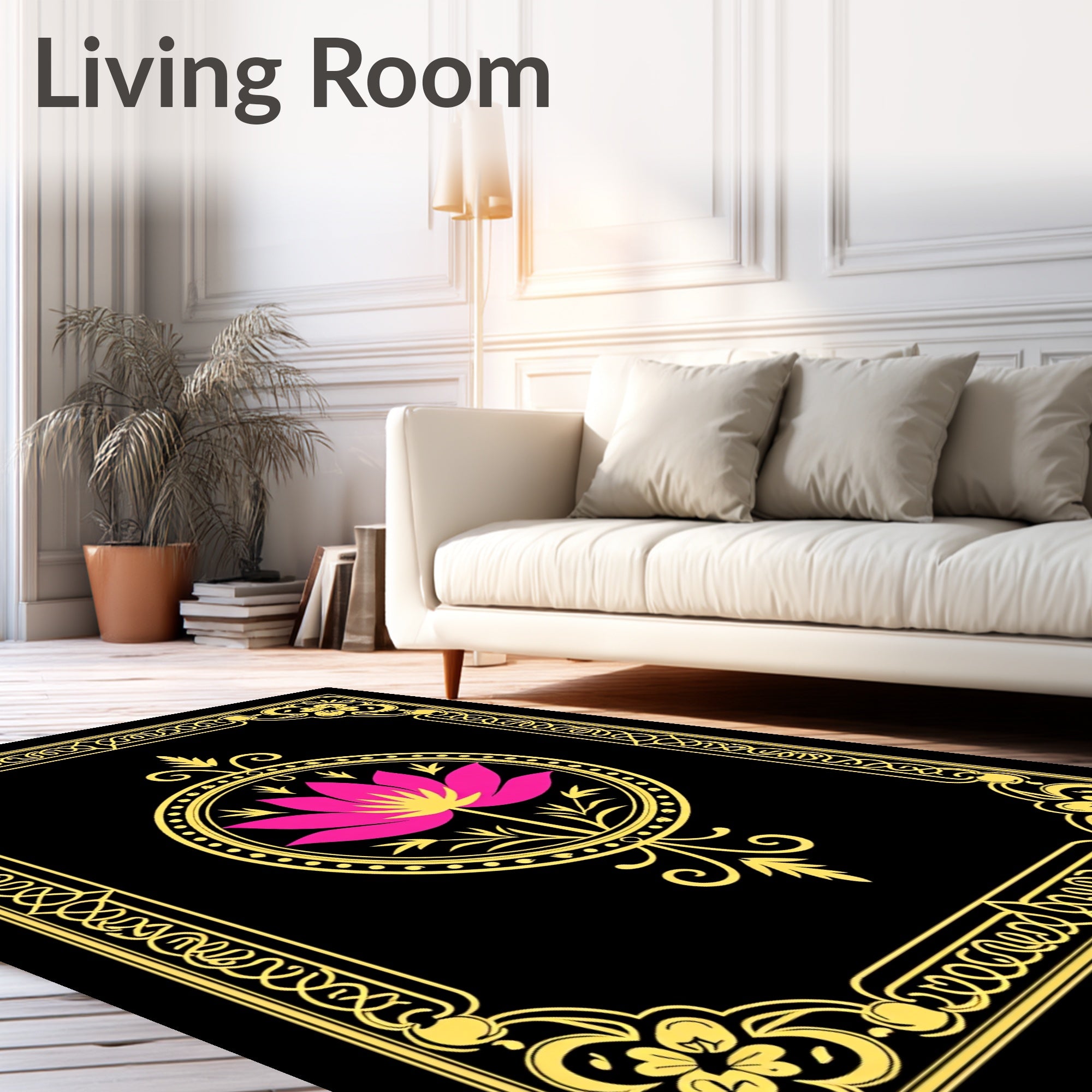 Vibrant Pink Lotus Golden Frame Rug