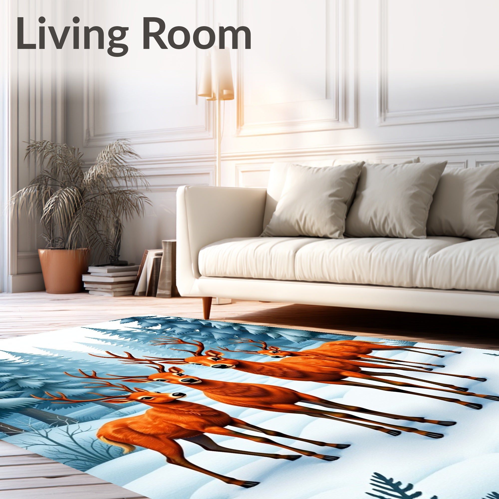 Winter Forest Herd Deer Scene Rug