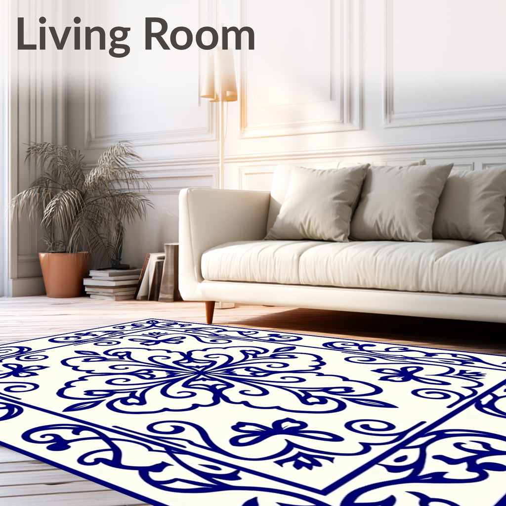 Deep Blue Floral Medallion Tile Rug