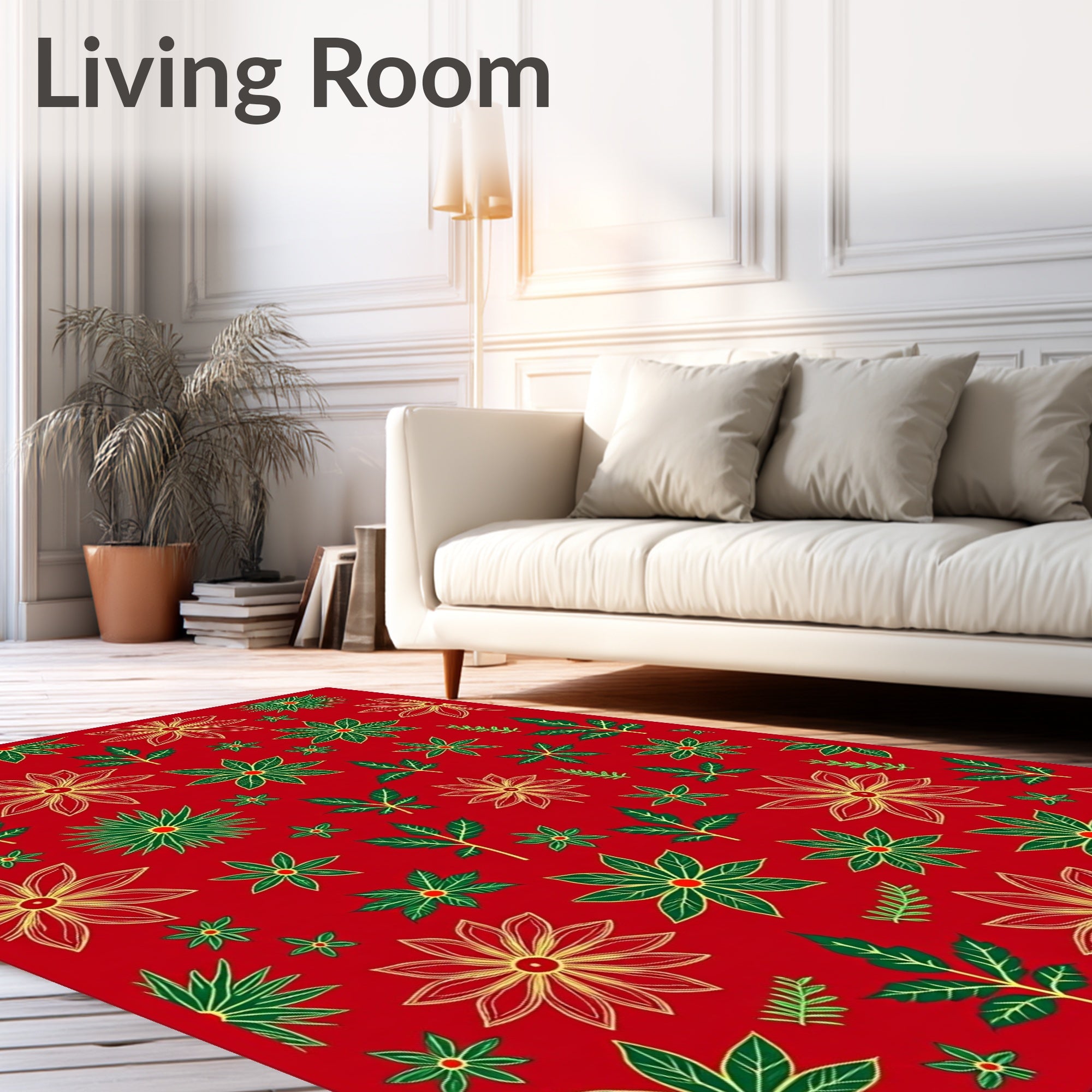 Red Floral Poinsettia Starburst Arrangement Rug