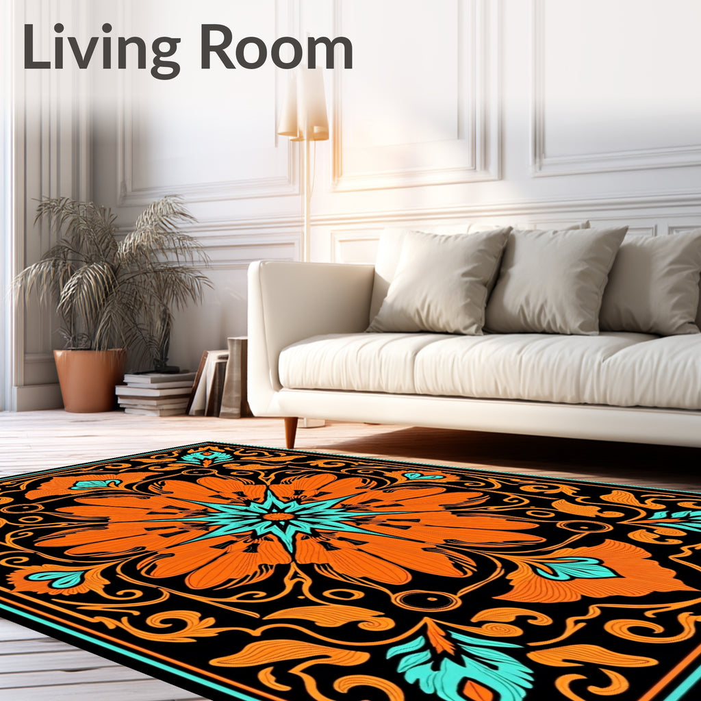 Bold Orange Teal Floral Mandala Rug