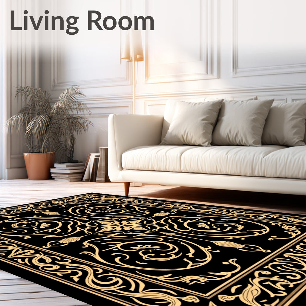 Ornate Gold Black Floral Swirl Rug