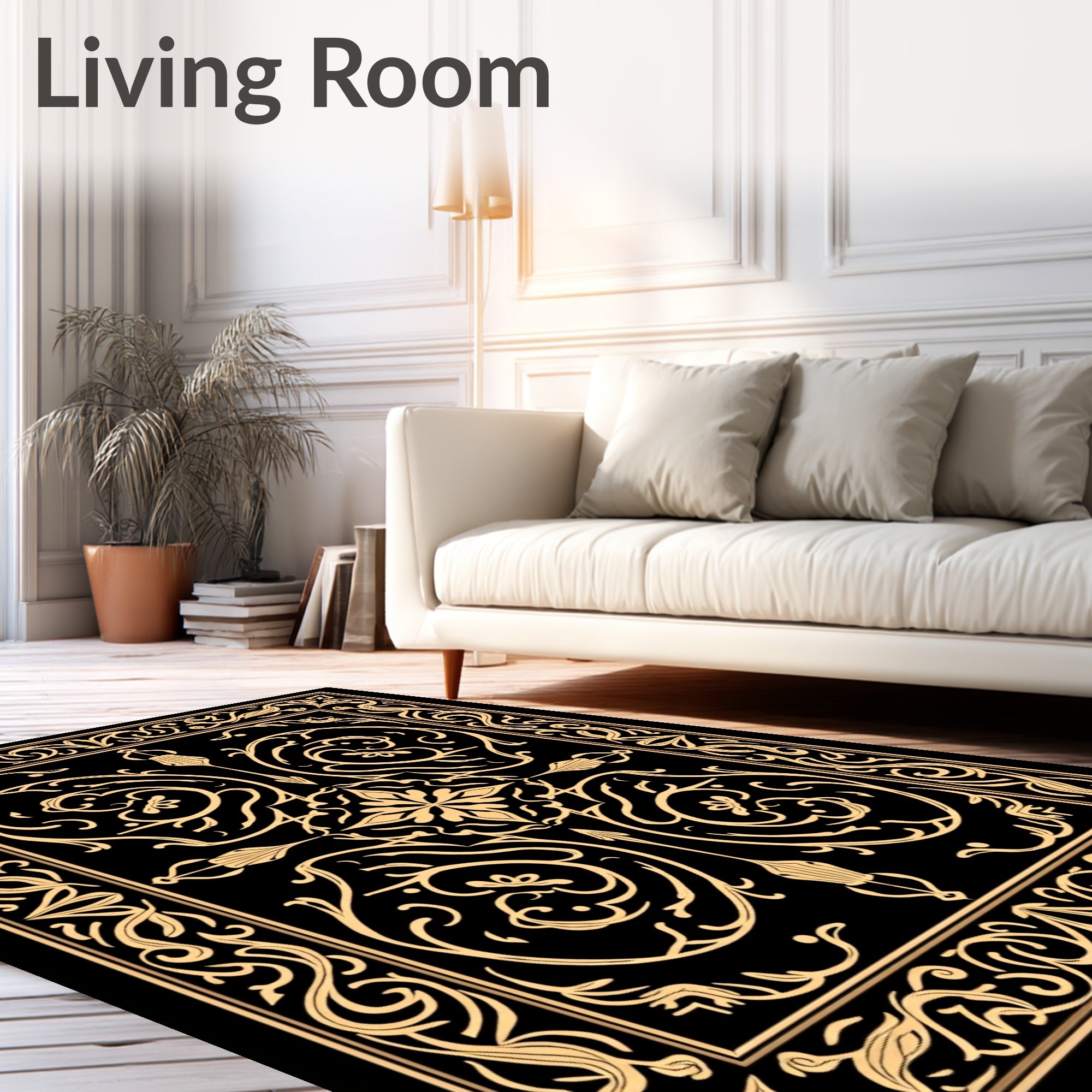 Ornate Gold Black Floral Swirl Rug