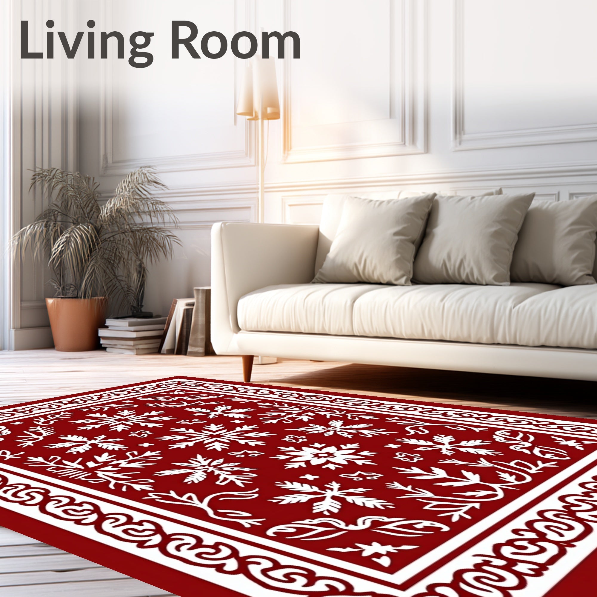 Crimson Snowflake Geometric Border Rug