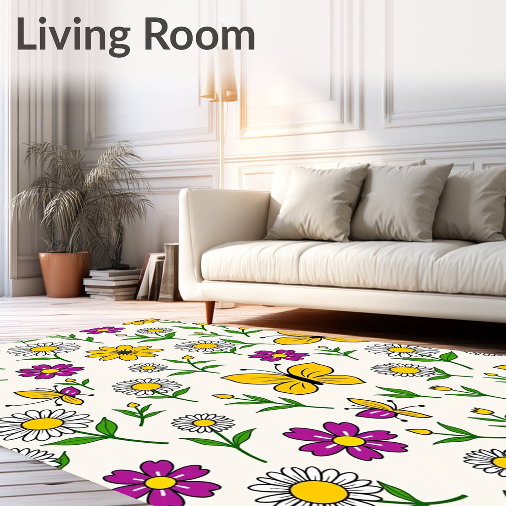 Whimsical Yellow Daisy Butterfly Garden Rug