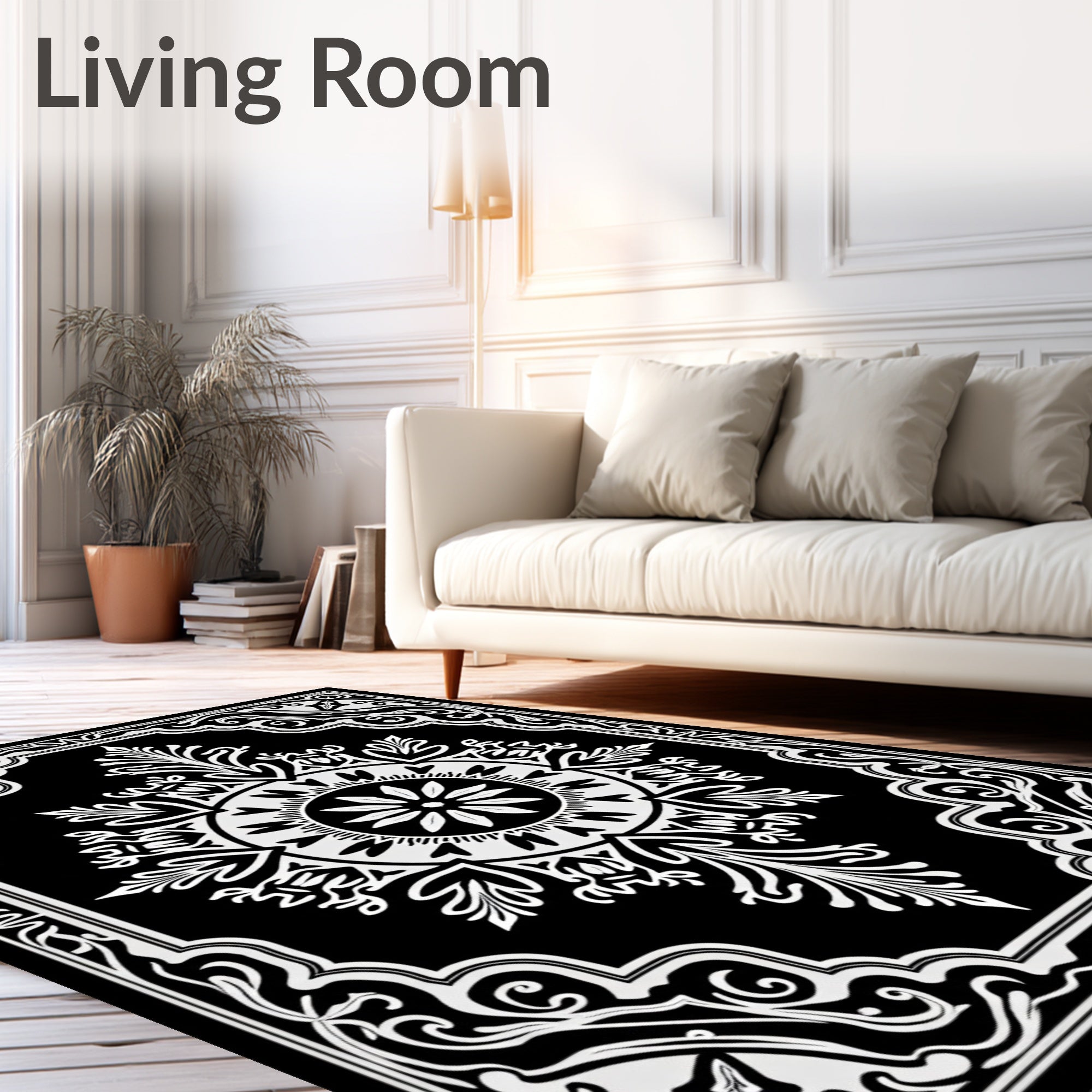 Intricate White Black Foliate Panel Rug