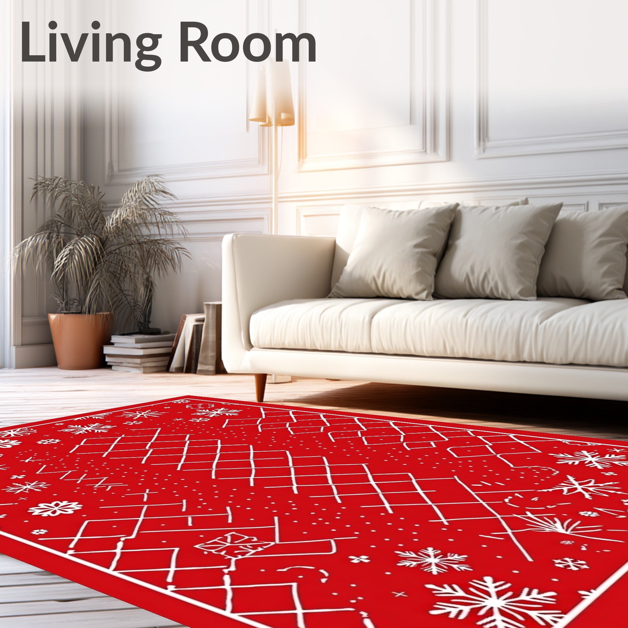 Crimson White Snowflake Geometric Collage Rug