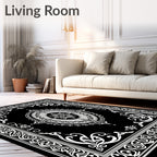 Black White Ornate Floral Mandala Rug