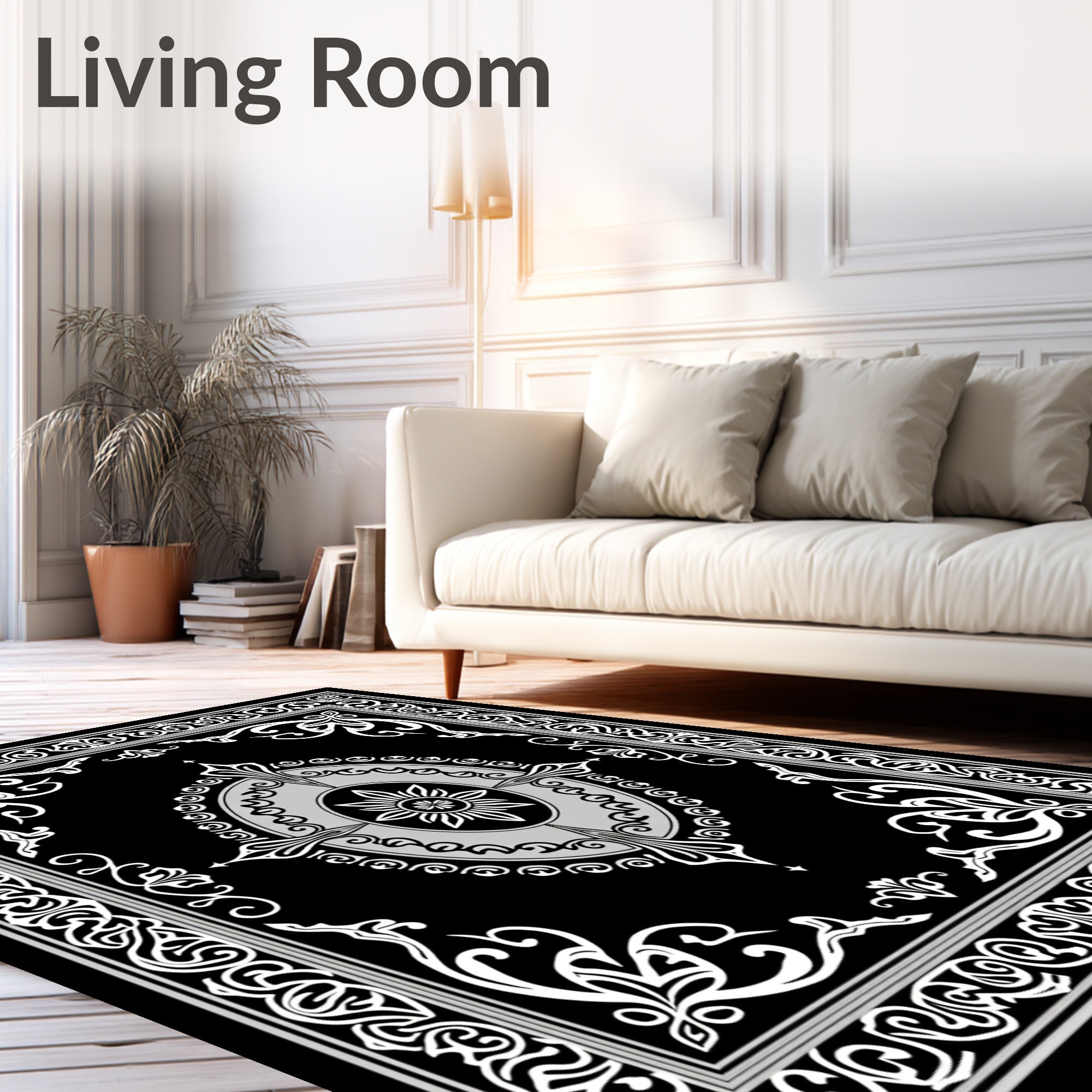 Black White Ornate Floral Mandala Rug