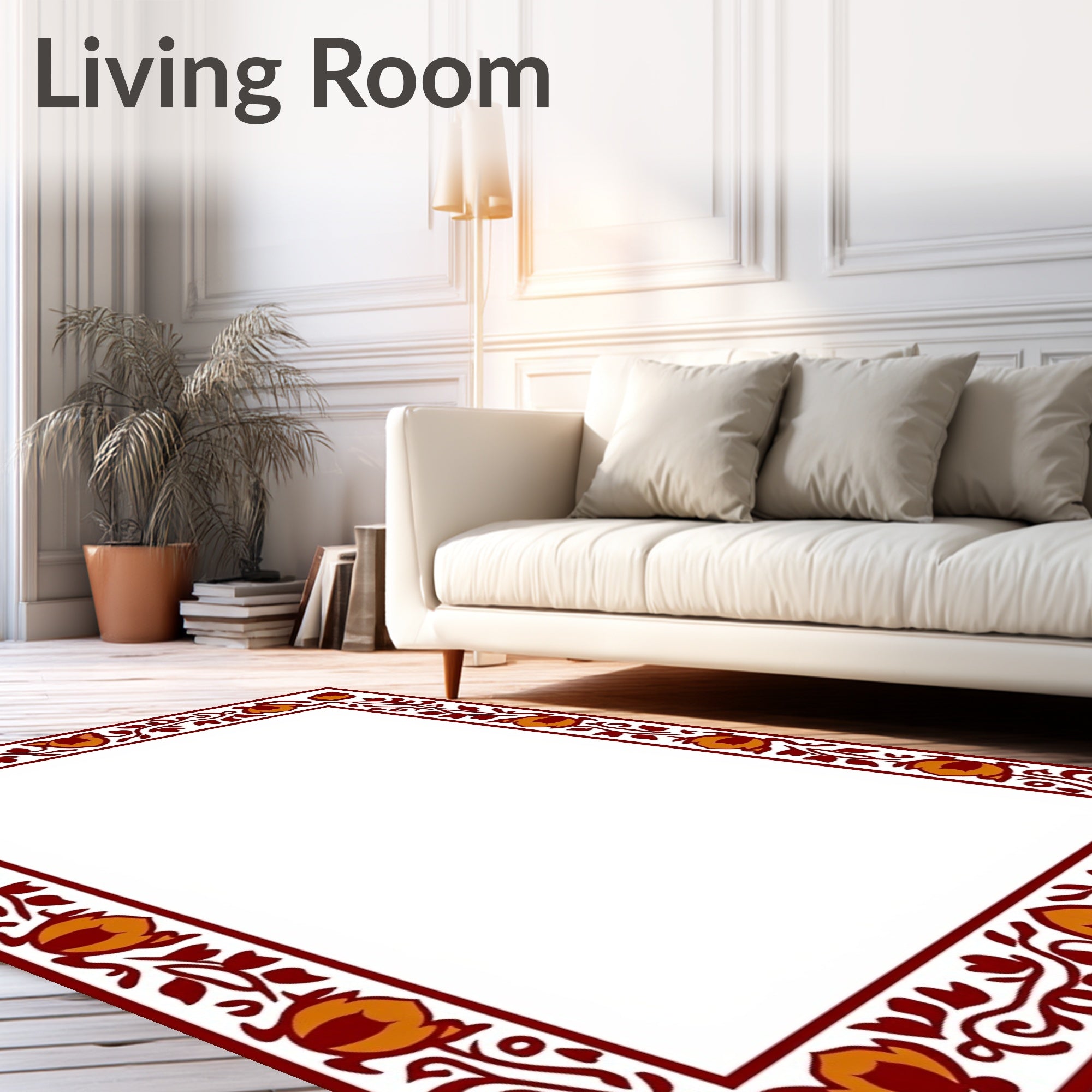 Crimson Orange Floral Vine Border Rug