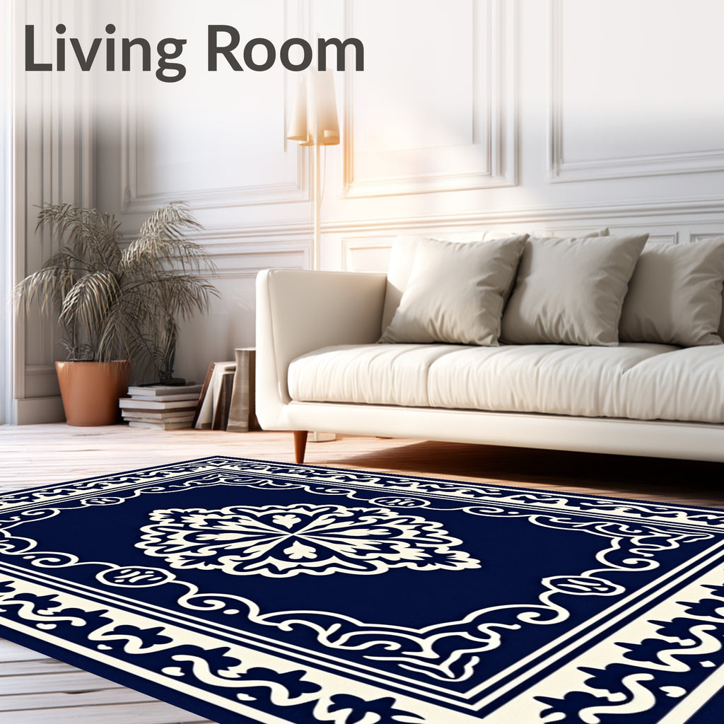 Navy Cream Ornate Floral Medallion Rug