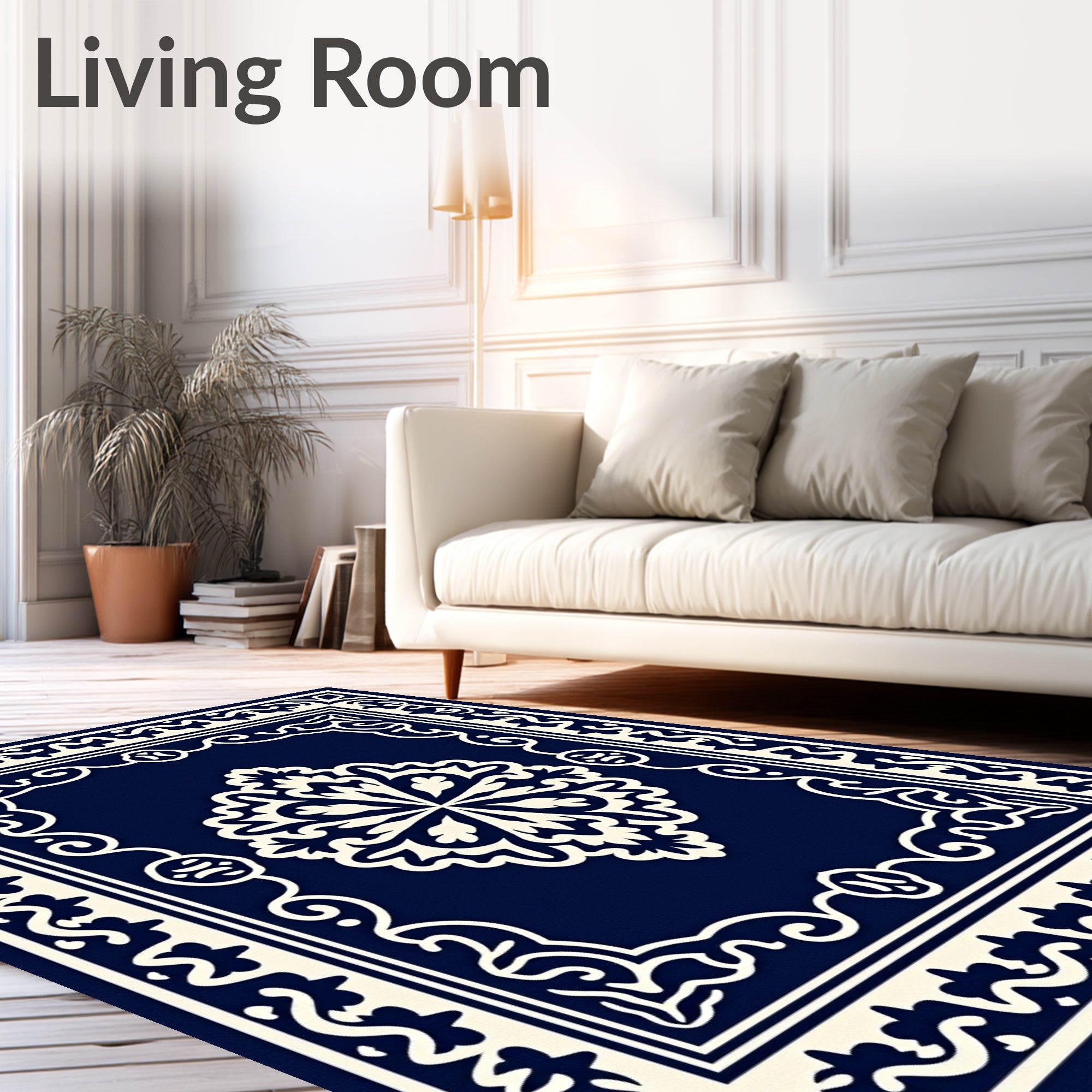 Navy Cream Ornate Floral Medallion Rug
