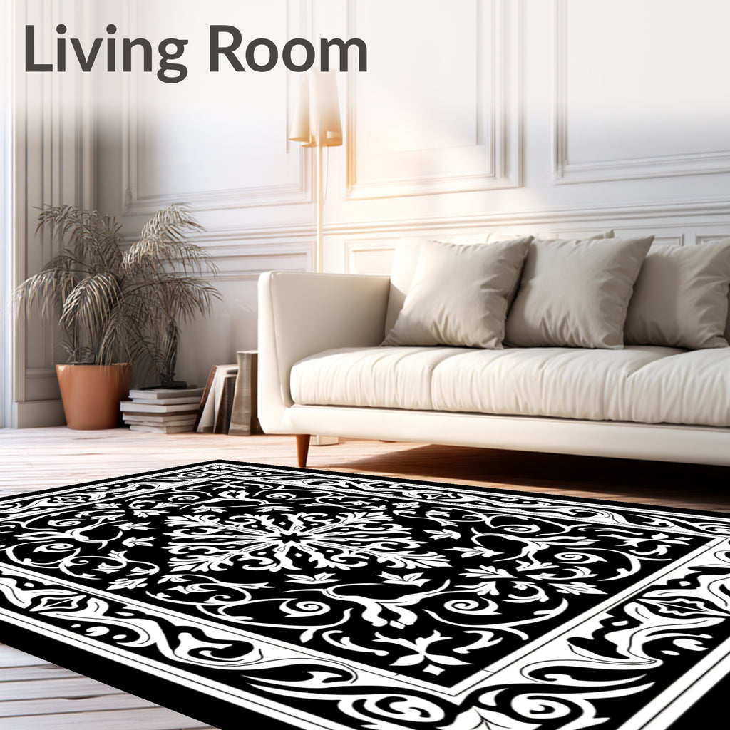 Black White Ornate Scrollwork Medallion Rug