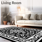 Black White Ornate Scrollwork Medallion Rug