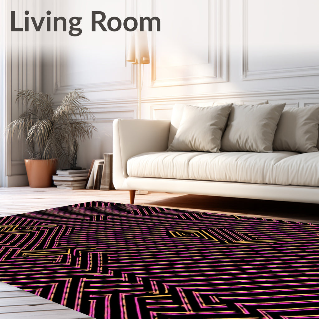 Retro Pink Yellow Geometric Maze Rug