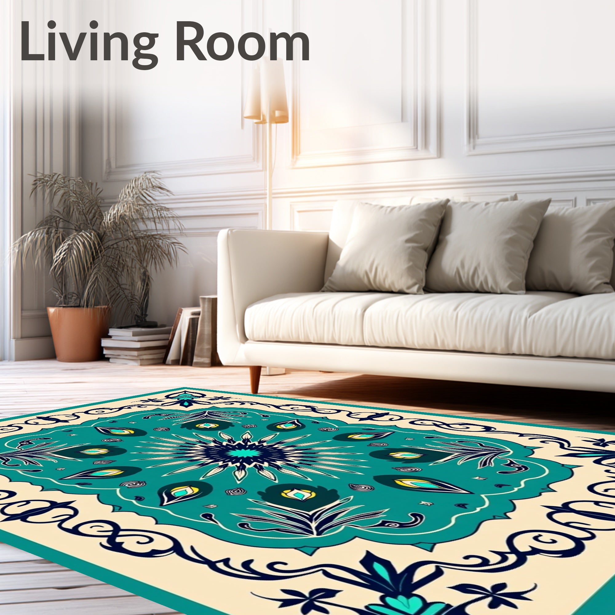 Turquoise Ivory Midnight Floral Mandala Rug